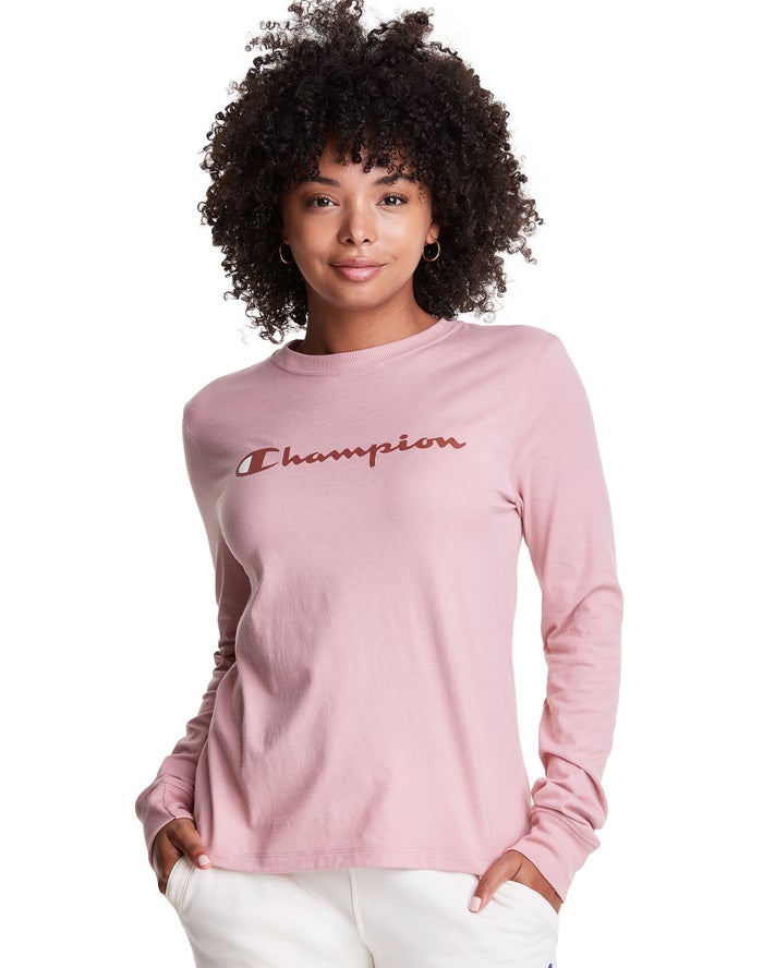 Champion Womens T-Shirt NZ - Classic Long-Sleeve Script Logo Beige ( 6529-HTCLS )